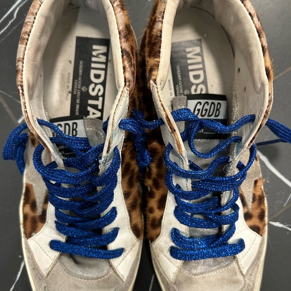 Golden Goose Leopard Print Mid Star Sneakers w/ Blue Lace. Shoe bag included - Picture 3 of 10